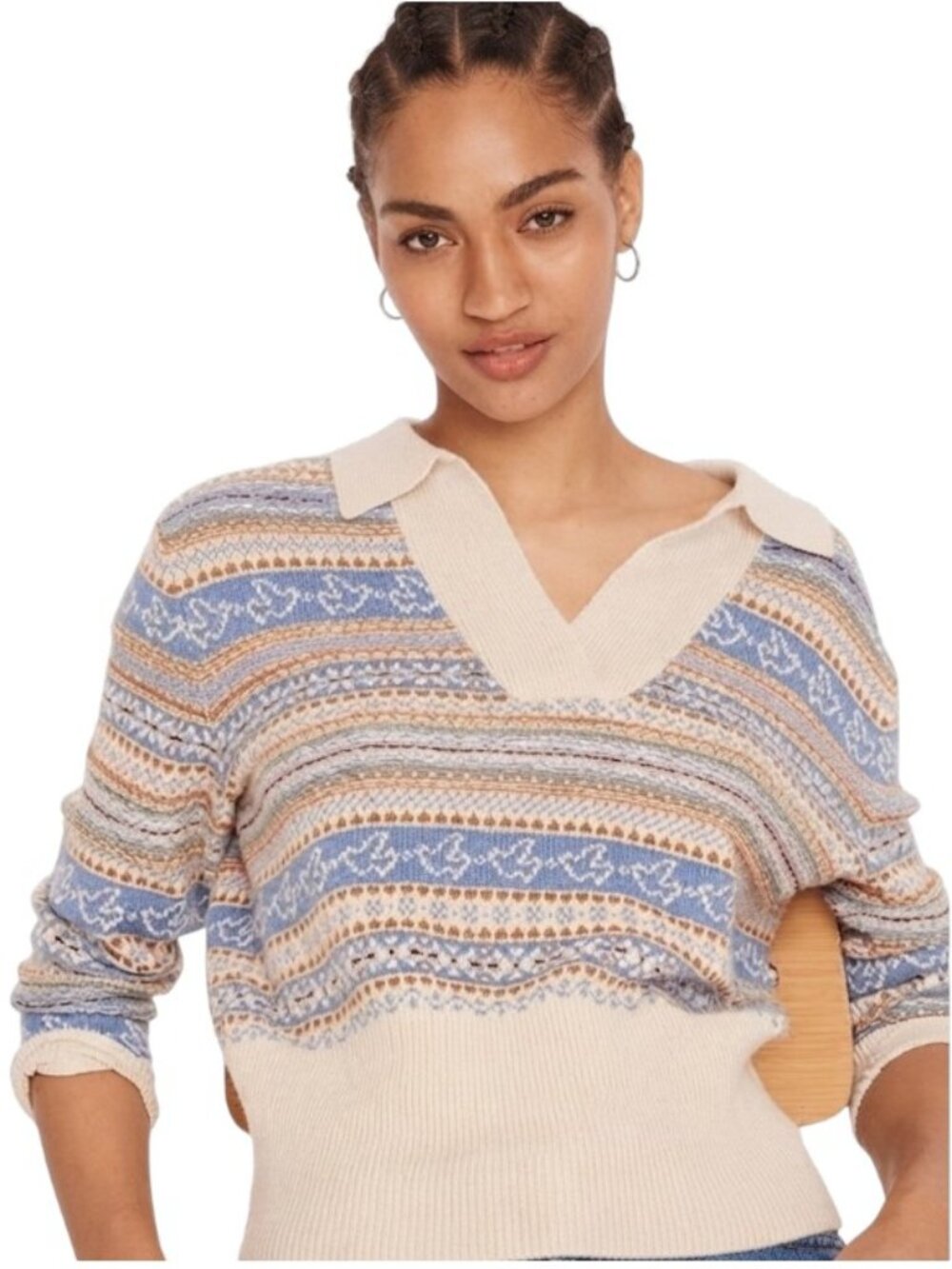 J.Crew Collared Fair Isle Sweater Lambs wool-Blend Long Sleeve Cream Blue Medium